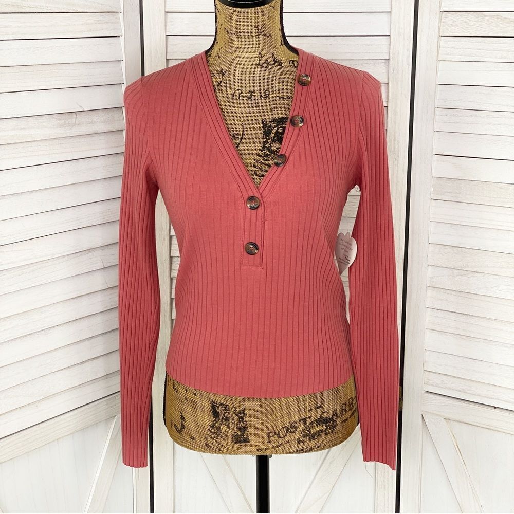 Self Esteem‎ Ribbed Knit V Neck Crop Shirt Spice Orange Medium